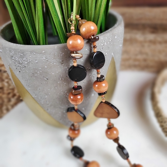 Vintage Boho long petrified chunky wood bead slice necklace - Picture 13 of 14